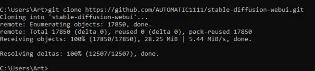 CMD showing the installation progress of stable diffusion